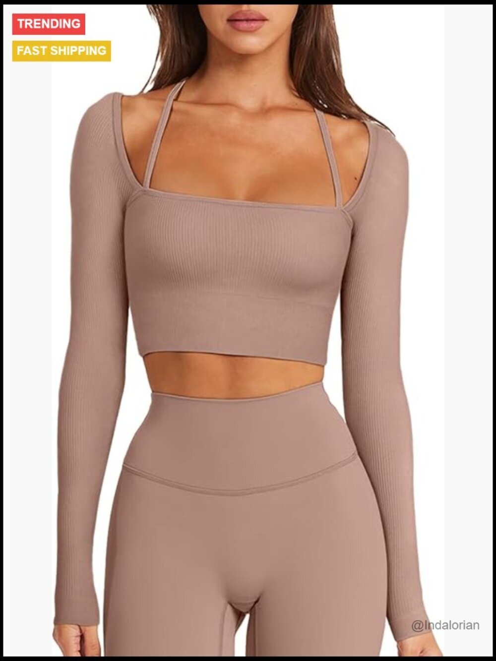 Sexy Square Neck Crop Top Ribbed Seamless Long Sleeve Yoga Top